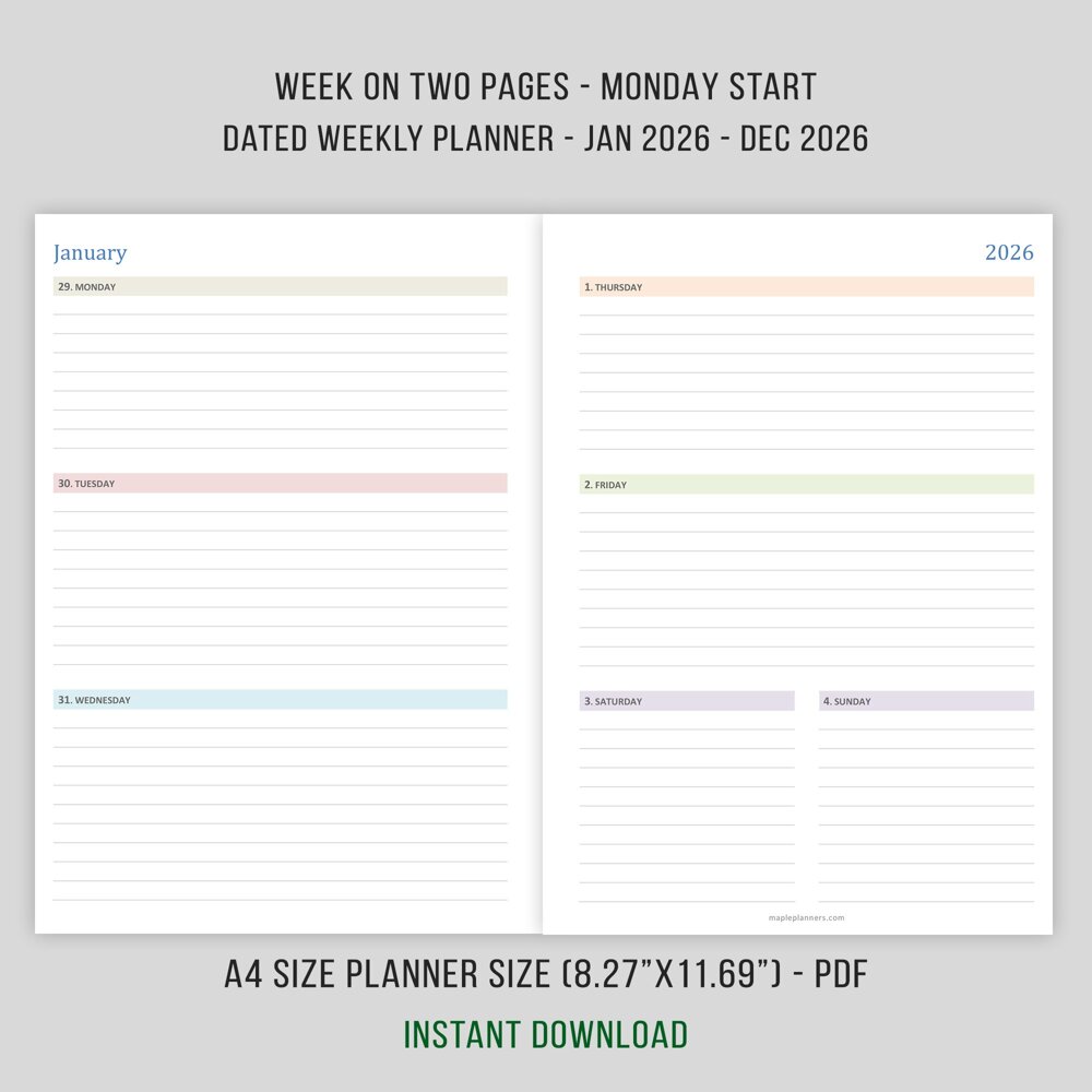 A4 2026 Horizontal Weekly Planner
