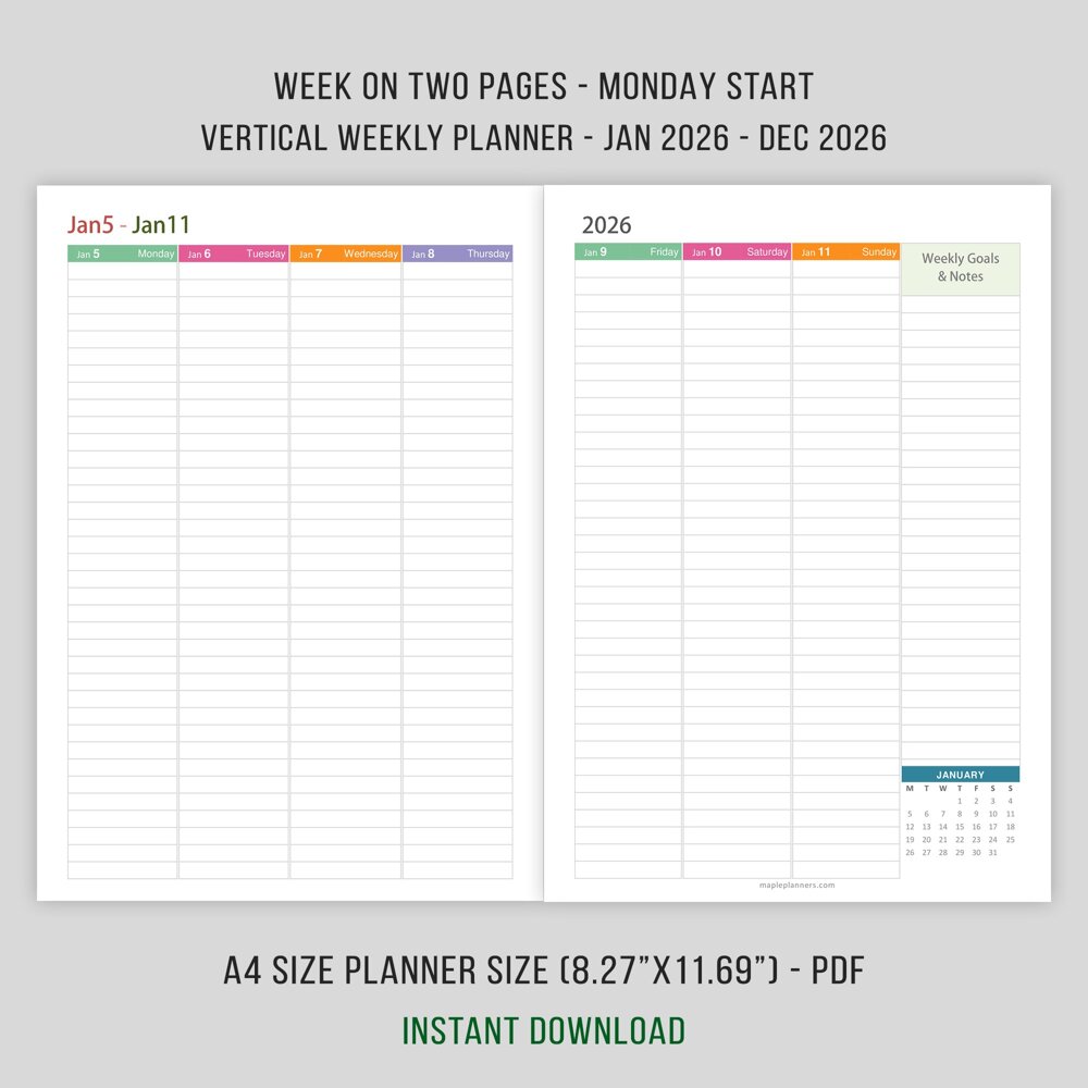 A4 2026 Vertical Weekly Planner