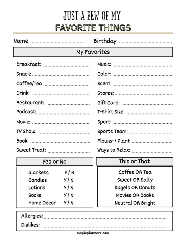 Favorite Things List Template