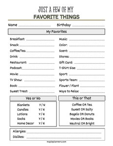 Favorite Things List Template