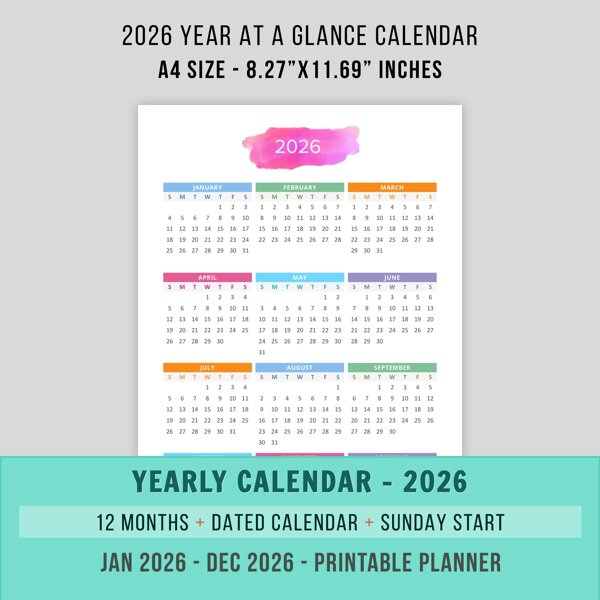A4 2026 Year at a Glance | Desktop Calendar