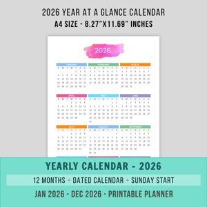 A4 2026 Year at a Glance | Desktop Calendar