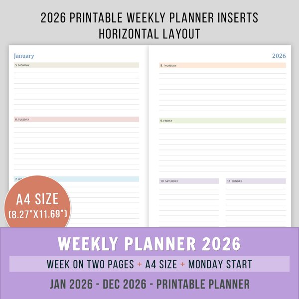 A4 2026 Horizontal Weekly Planner