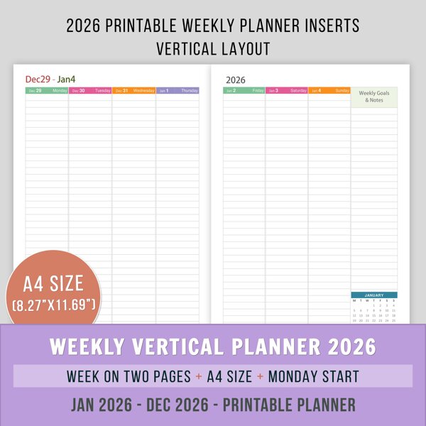 A4 2026 Vertical Weekly Planner