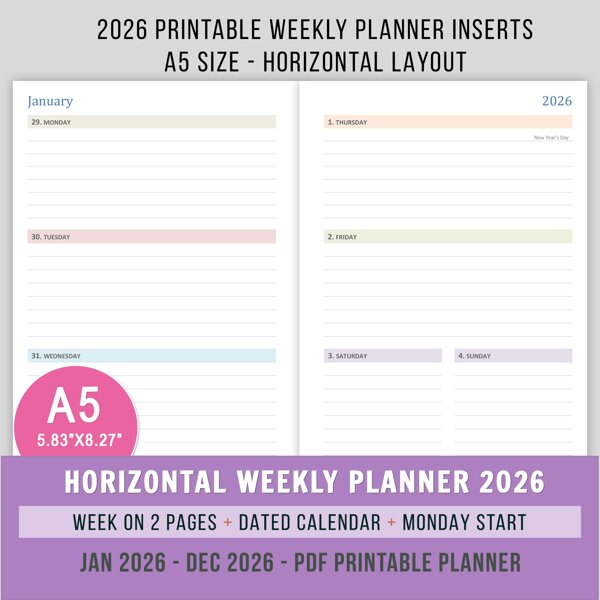 2026 Horizontal Weekly Planner - A5 Size
