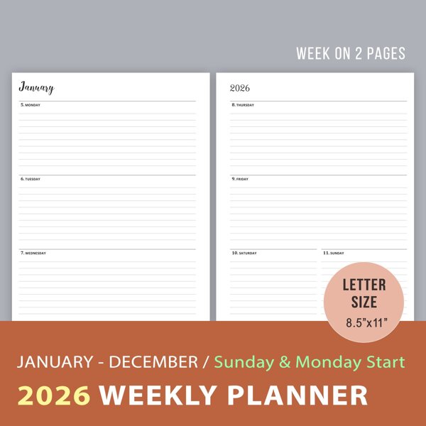 2026 Weekly Planner Printable, Sunday & Monday Start