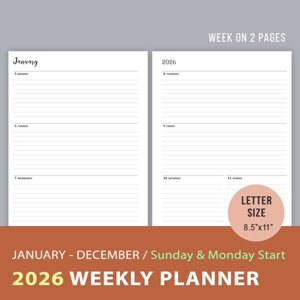 2026 Weekly Planner Printable, Sunday & Monday Start
