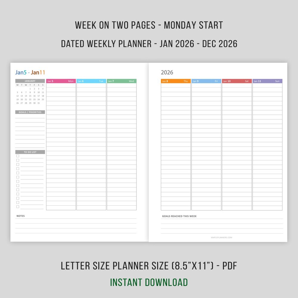 2026 Vertical Weekly Planner with No Time Slots (Monday Start)