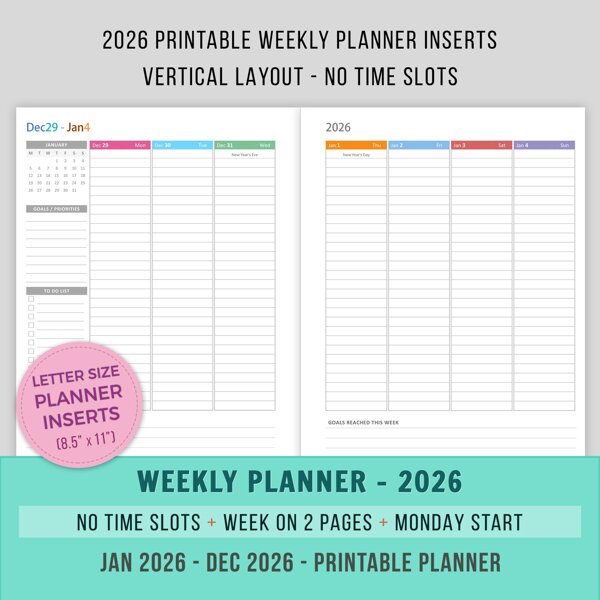2026 Vertical Weekly Planner with No Time Slots (Monday Start)