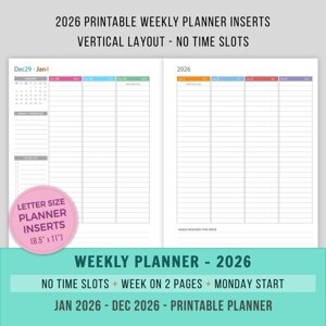 2026 Vertical Weekly Planner with No Time Slots (Monday Start)