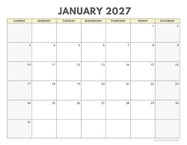 January 2027 Calendar | Sunday Start | Landscape