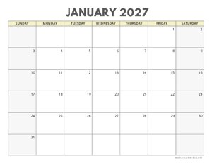 January 2027 Calendar | Sunday Start | Landscape