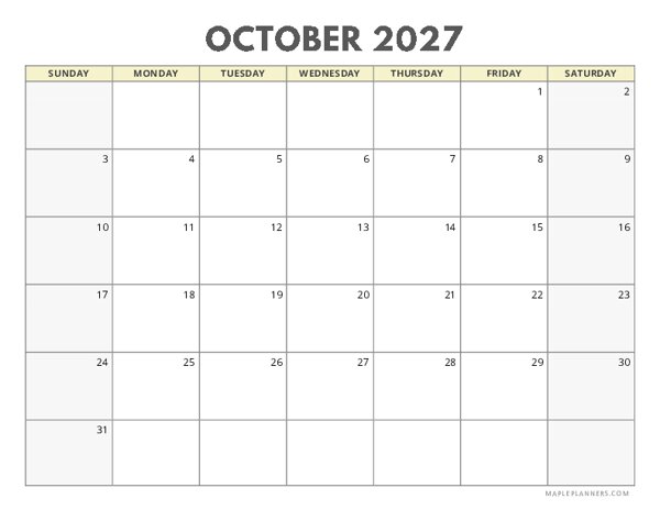 October 2027 Calendar | Sunday Start | Landscape