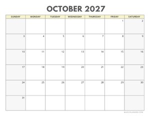 October 2027 Calendar | Sunday Start | Landscape