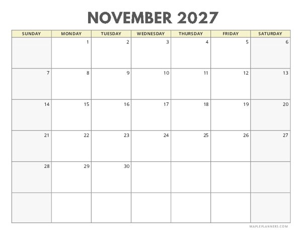 November 2027 Calendar | Sunday Start | Landscape