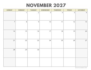 November 2027 Calendar | Sunday Start | Landscape