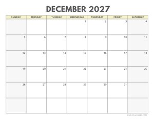 December 2027 Calendar | Sunday Start | Landscape