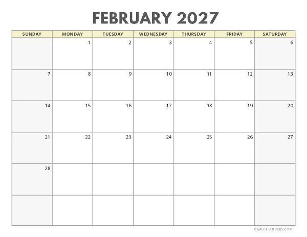 February 2027 Calendar | Sunday Start | Landscape