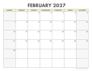 February 2027 Calendar | Sunday Start | Landscape