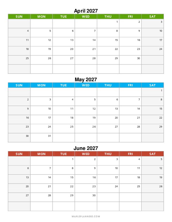 Quarterly Calendar 2027: April, May and June