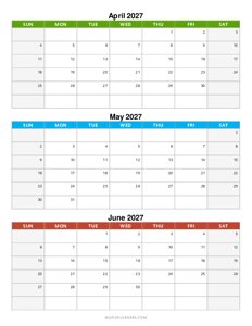 Quarterly Calendar 2027: April, May and June