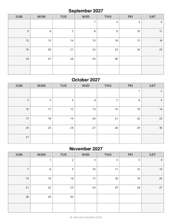 Fall Calendar 2027: September, October and November