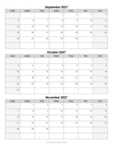 Fall Calendar 2027: September, October and November