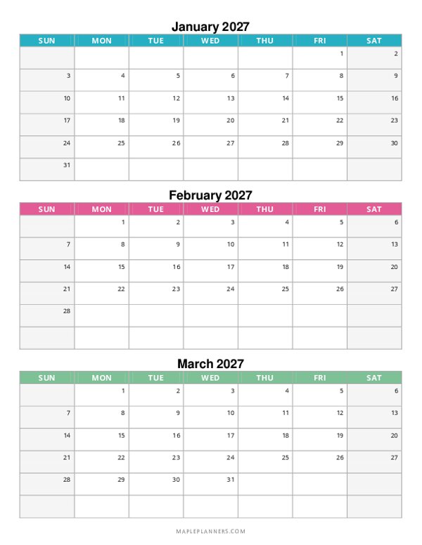 Quarterly Calendar 2027: January, February and March