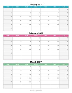 Quarterly Calendar 2027: January, February and March