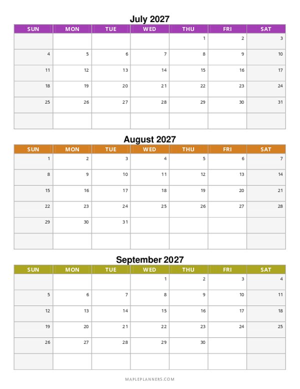 Quarterly Calendar 2027: July, August and September