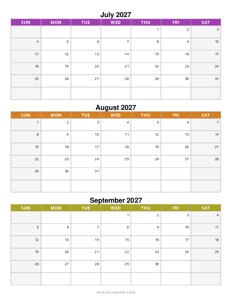 Quarterly Calendar 2027: July, August and September