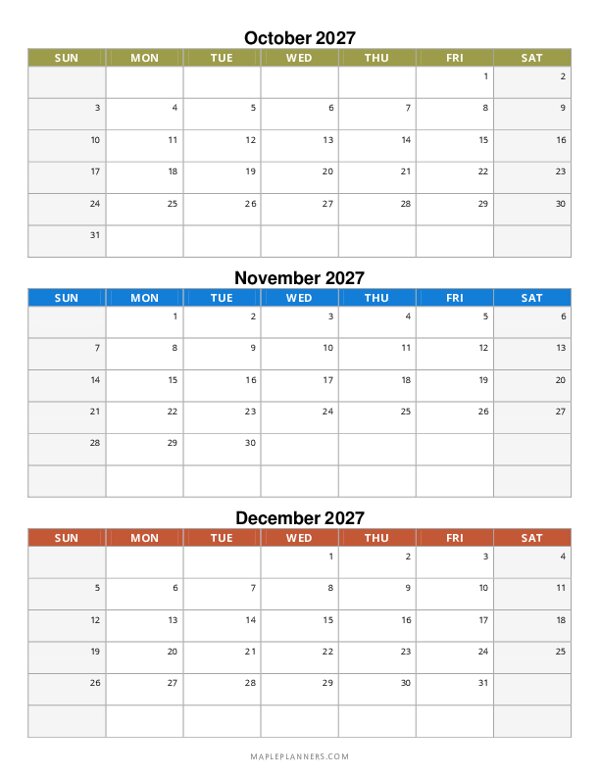 Quarterly Calendar 2027: October, November and December
