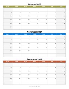 Quarterly Calendar 2027: October, November and December