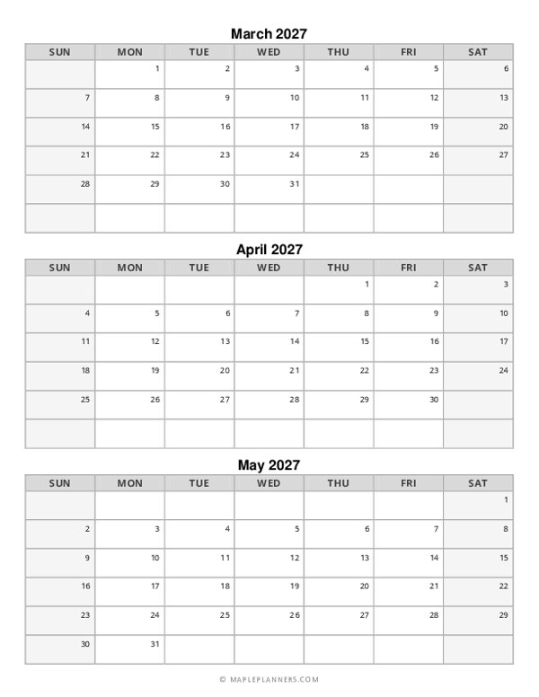 Spring Calendar 2027: March, April and May