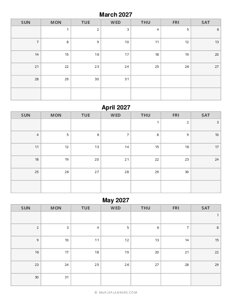 Spring Calendar 2027: March, April and May