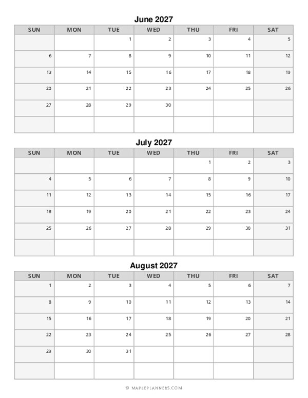 Summer Calendar 2027: June, July and August