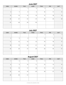 Summer Calendar 2027: June, July and August
