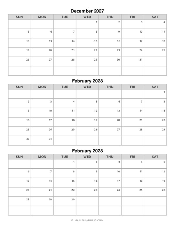 Fall Calendar 2027: December, January and February