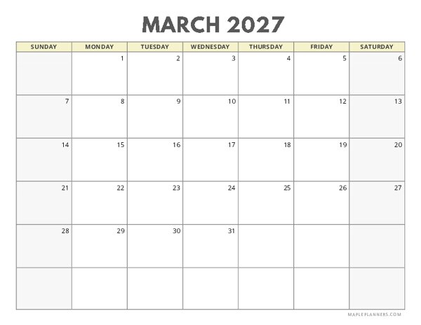 March 2027 Calendar | Sunday Start | Landscape