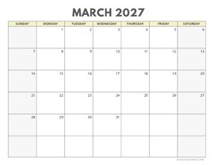 March 2027 Calendar | Sunday Start | Landscape