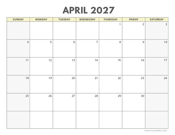April 2027 Calendar | Sunday Start | Landscape