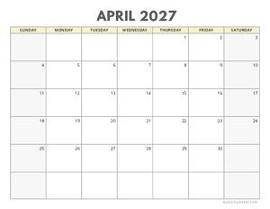 April 2027 Calendar | Sunday Start | Landscape