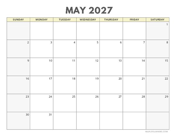 May 2027 Calendar | Sunday Start | Landscape