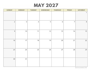May 2027 Calendar | Sunday Start | Landscape