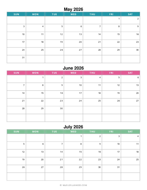 Summer Calendar 2026: May, June and July