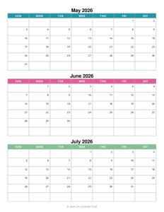 Summer Calendar 2026: May, June and July
