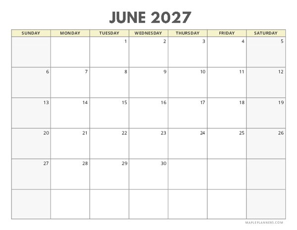 June 2027 Calendar | Sunday Start | Landscape