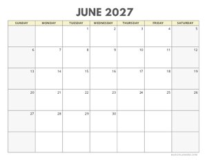 June 2027 Calendar | Sunday Start | Landscape