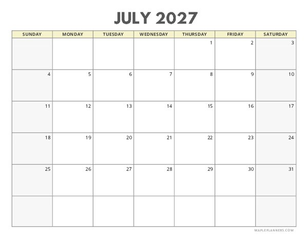 July 2027 Calendar | Sunday Start | Landscape