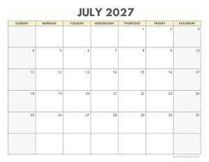 July 2027 Calendar | Sunday Start | Landscape